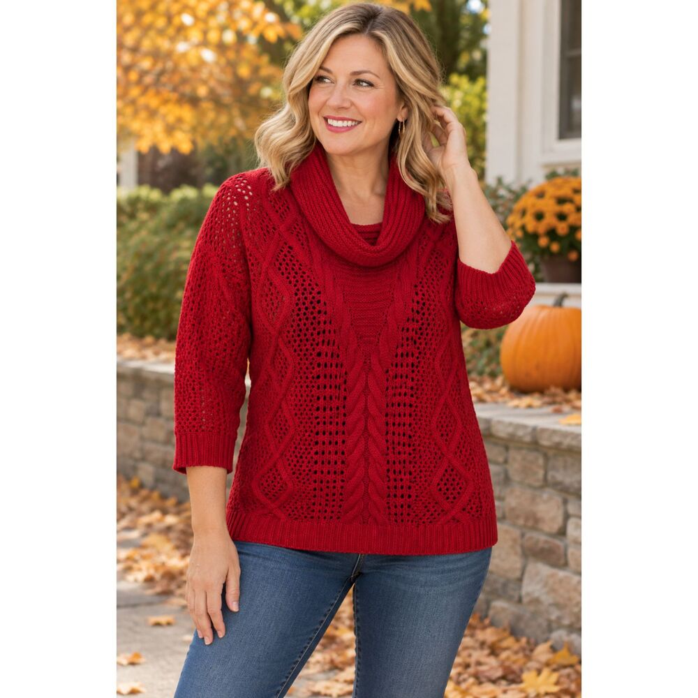 New Directions Petite PM Red Cowl Neck Cable Knit Sweater 3/4 Sleeve Open #20